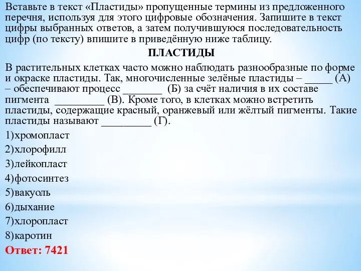 Вставьте в текст «Пластиды» пропущенные термины из предложенного перечня, используя для этого