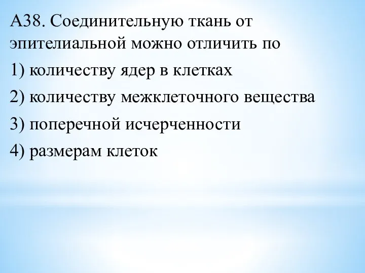 А38. Соединительную ткань от эпителиальной можно отличить по 1) количеству ядер в