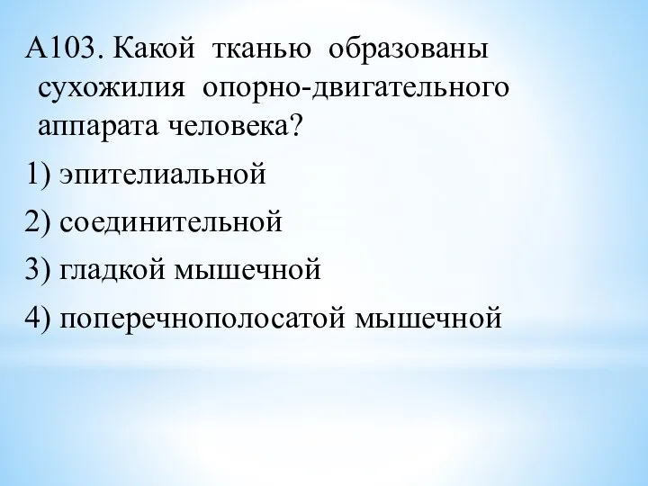 А103. Какой тканью образованы сухожилия опорно-двигательного аппарата человека? 1) эпителиальной 2) соединительной