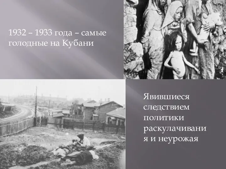 1932 – 1933 года – самые голодные на Кубани Явившиеся следствием политики раскулачивания и неурожая