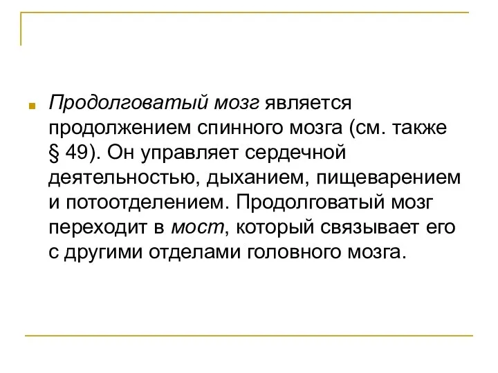 Продолговатый мозг является продолжением спинного мозга (см. также § 49). Он управляет