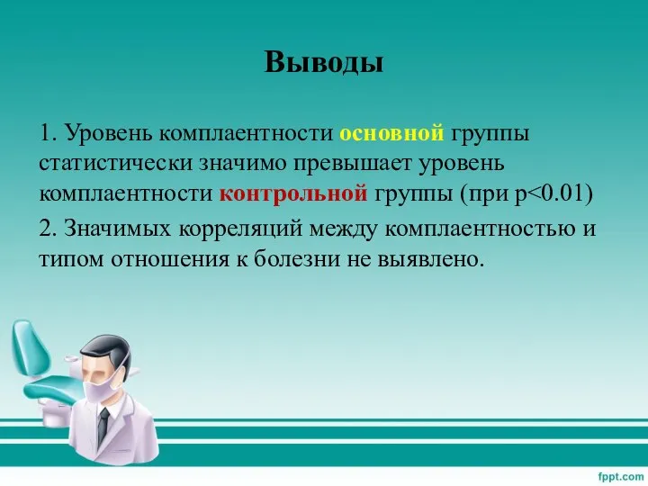 Выводы 1. Уровень комплаентности основной группы статистически значимо превышает уровень комплаентности контрольной