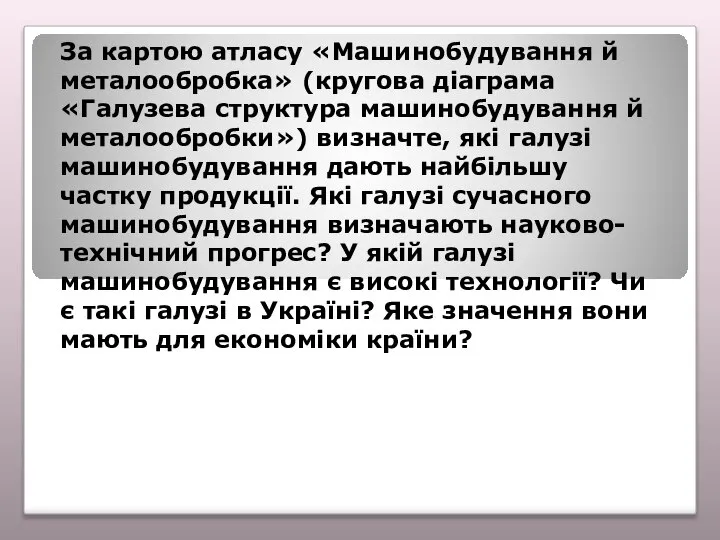 За картою атласу «Машинобудування й металообробка» (кругова діаграма «Галузева структура машинобудування й