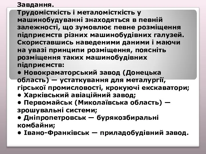 Завдання. Трудомісткість і металомісткість у машинобудуванні знаходяться в певній залежності, що зумовлює