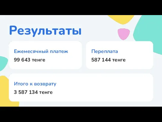 Результаты Ежемесячный платеж 99 643 тенге Переплата 587 144 тенге Итого к