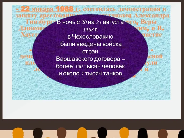 - 22 января 1968 г. состоялась демонстрация в защиту арестованных самиздатчиков: Александра