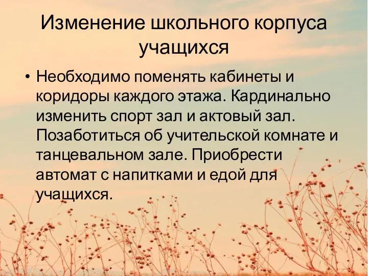 Изменение школьного корпуса учащихся Необходимо поменять кабинеты и коридоры каждого этажа. Кардинально