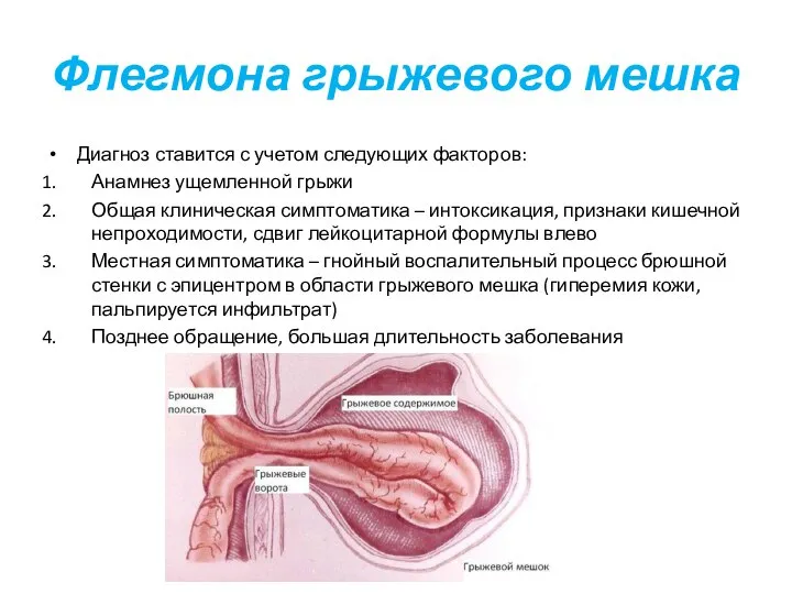 Флегмона грыжевого мешка Диагноз ставится с учетом следующих факторов: Анамнез ущемленной грыжи