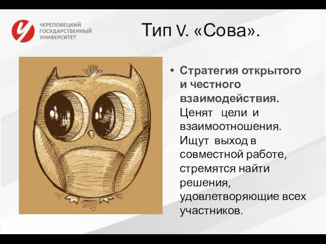 Тип V. «Сова». Стратегия открытого и честного взаимодействия. Ценят цели и взаимоотношения.