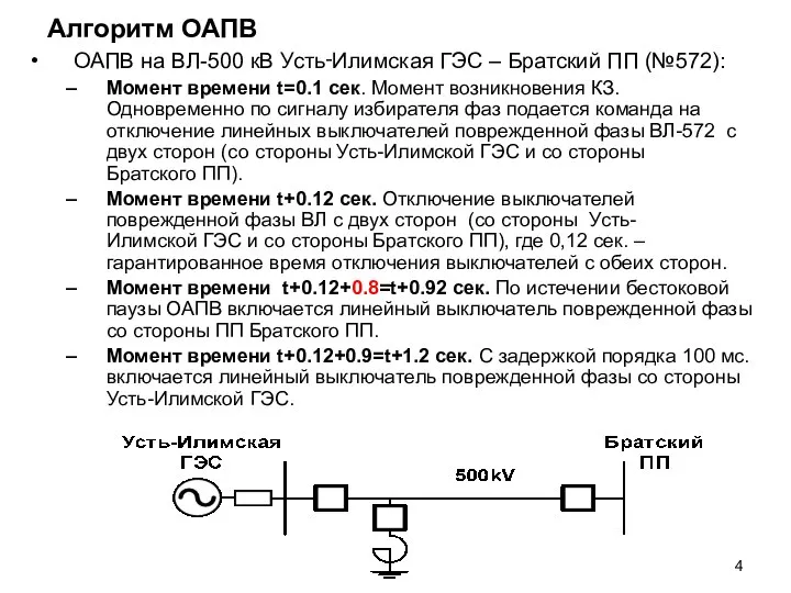 Алгоритм ОАПВ ОАПВ на ВЛ-500 кВ Усть‑Илимская ГЭС – Братский ПП (№572):