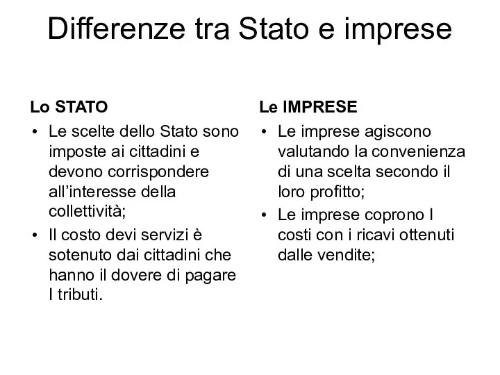 Differenze tra Stato e imprese Lo STATO Le scelte dello Stato sono