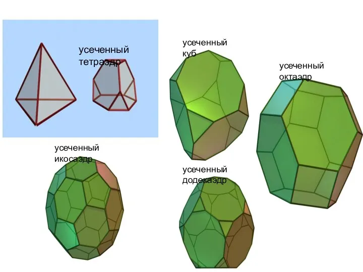 усеченный тетраэдр усеченный октаэдр усеченный куб усеченный икосаэдр усеченный додекаэдр
