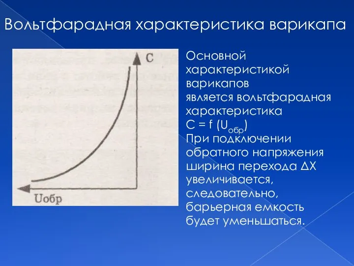 Основной характеристикой варикапов является вольтфарадная характеристика С = f (Uобр) При подключении