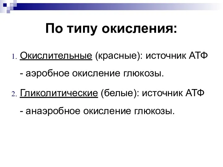 По типу окисления: Окислительные (красные): источник АТФ - аэробное окисление глюкозы. Гликолитические