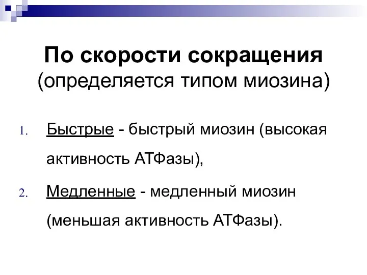 По скорости сокращения (определяется типом миозина) Быстрые - быстрый миозин (высокая активность