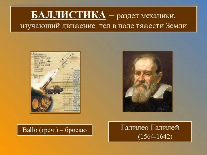 БАЛЛИСТИКА – раздел механики, изучающий движение тел в поле тяжести Земли Ballo