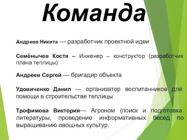 Команда Андреев Никита — разработчик проектной идеи Семёнычев Костя – Инженер –