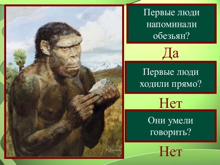 Первые люди напоминали обезьян? Да Первые люди ходили прямо? Нет Они умели говорить? Нет