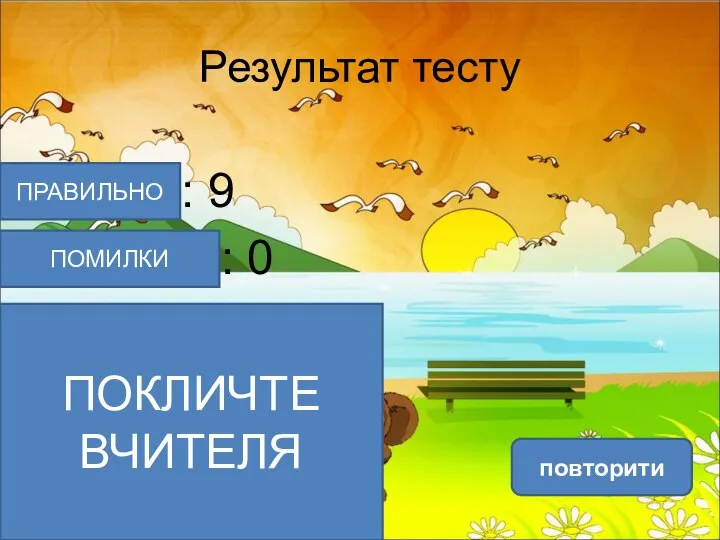 Результат тесту Верно: 9 Ошибки: 0 Отметка: 5 Время: 0 мин. 20