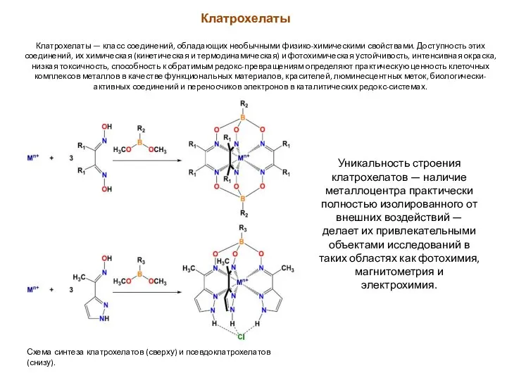 Клатрохелаты Клатрохелаты — класс соединений, обладающих необычными физико-химическими свойствами. Доступность этих соединений,