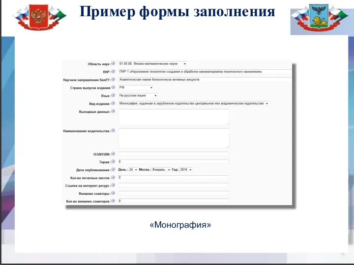 Пример формы заполнения «Монография»