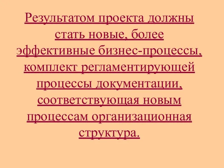 Результатом проекта должны стать новые, более эффективные бизнес-процессы, комплект регламентирующей процессы документации,