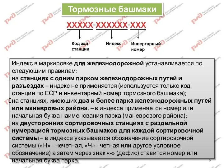 Тормозные башмаки Индекс в маркировке для железнодорожной устанавливается по следующим правилам: на