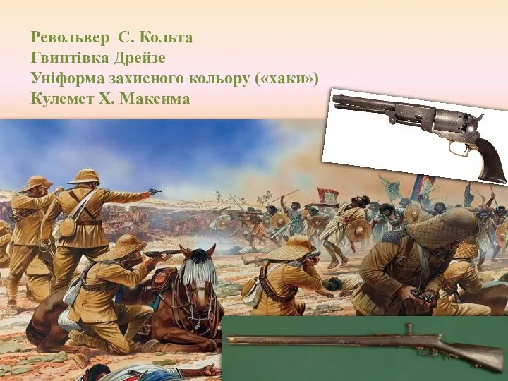 Револьвер С. Кольта Гвинтівка Дрейзе Уніформа захисного кольору («хаки») Кулемет Х. Максима