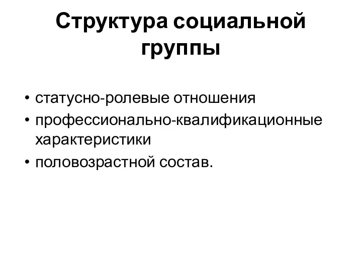 Структура социальной группы статусно-ролевые отношения профессионально-квалификационные характеристики половозрастной состав.