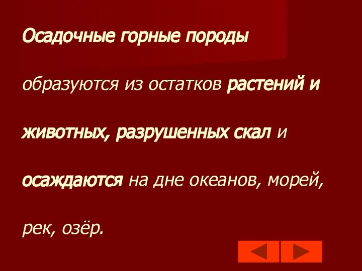 Осадочные горные породы образуются из остатков растений и животных, разрушенных скал и