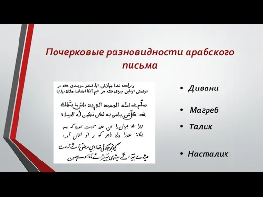 Почерковые разновидности арабского письма Дивани Магреб Талик Насталик