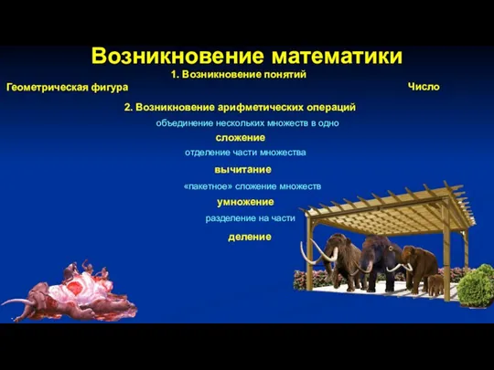 Возникновение математики 1. Возникновение понятий Геометрическая фигура Число отделение части множества сложение