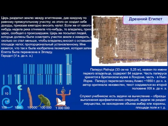 Фрагмент папируса Райнда. Царь разделил землю между египтянами, дав каждому по равному