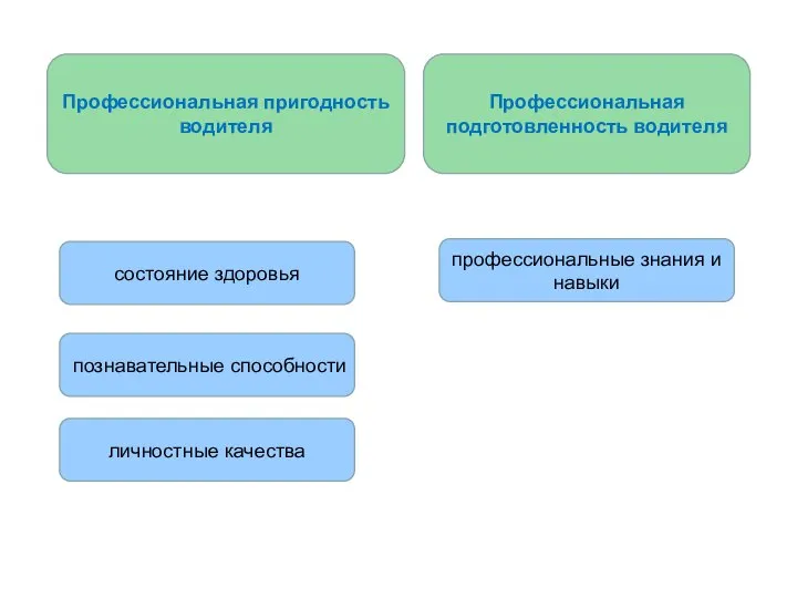 Профессиональная пригодность водителя Профессиональная подготовленность водителя состояние здоровья познавательные способности личностные качества профессиональные знания и навыки