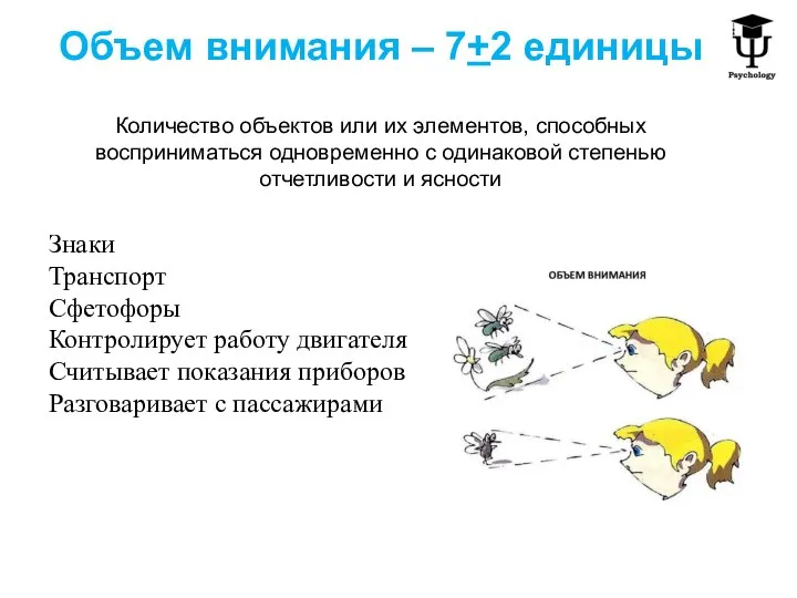 Объем внимания – 7+2 единицы Количество объектов или их элементов, способных восприниматься