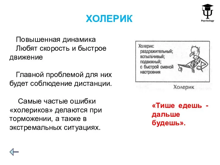 ХОЛЕРИК «Тише едешь - дальше будешь». Повышенная динамика Любят скорость и быстрое