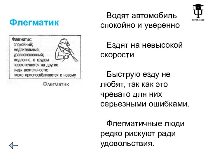 Флегматик Водят автомобиль спокойно и уверенно Ездят на невысокой скорости Быструю езду