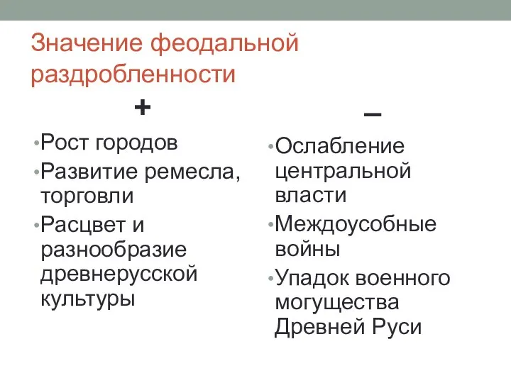 Значение феодальной раздробленности + Рост городов Развитие ремесла, торговли Расцвет и разнообразие