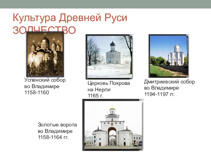 Культура Древней Руси ЗОДЧЕСТВО Успенский собор во Владимире 1158-1160 Церковь Покрова на