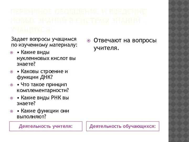 ПЕРВИЧНОЕ ОБОБЩЕНИЕ И ВВЕДЕНИЕ НОВЫХ ЗНАНИЙ В СИСТЕМУ ЗНАНИЙ УЧАЩИХСЯ: Деятельность учителя: