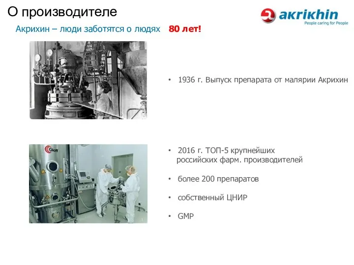 Акрихин – люди заботятся о людях 80 лет! 1936 г. Выпуск препарата