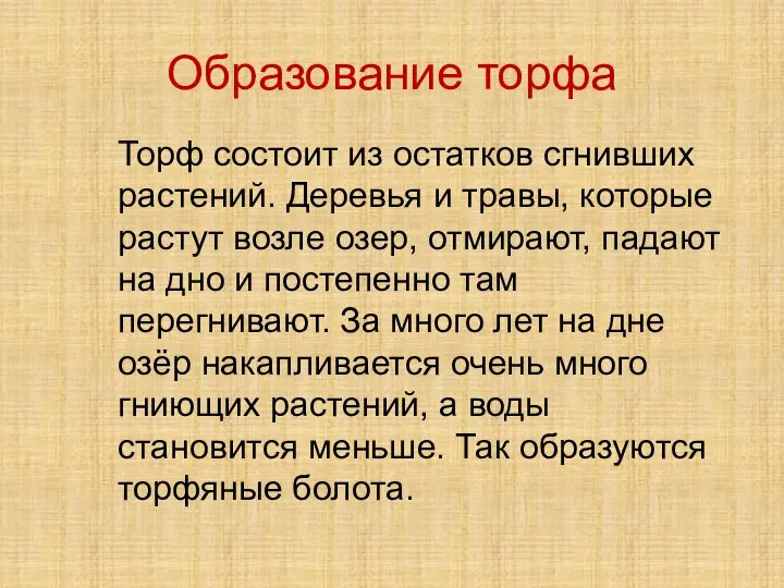 Образование торфа Торф состоит из остатков сгнивших растений. Деревья и травы, которые