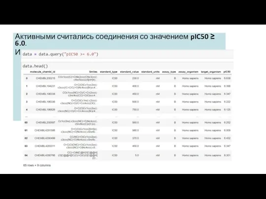 Активными считались соединения со значением pIC50 ≥ 6.0. Их количество составило 65.