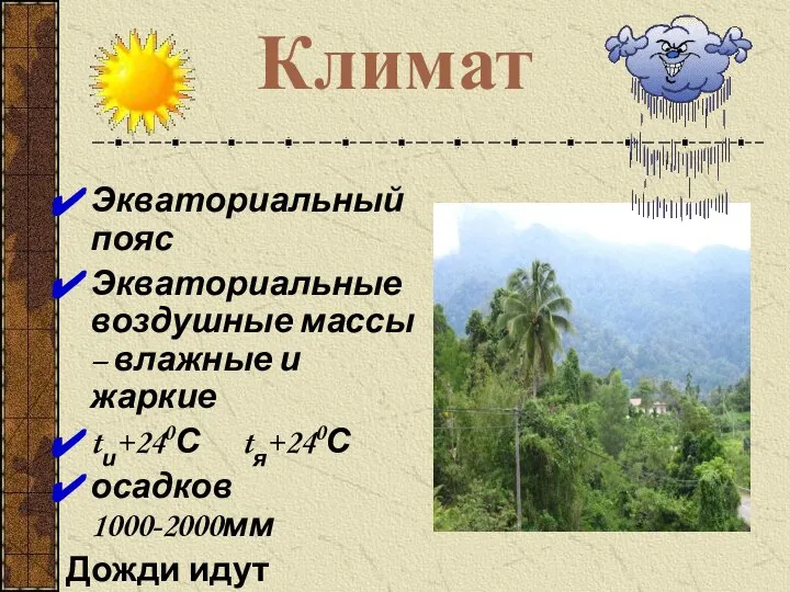 Климат Экваториальный пояс Экваториальные воздушные массы – влажные и жаркие tи+240С tя+240С