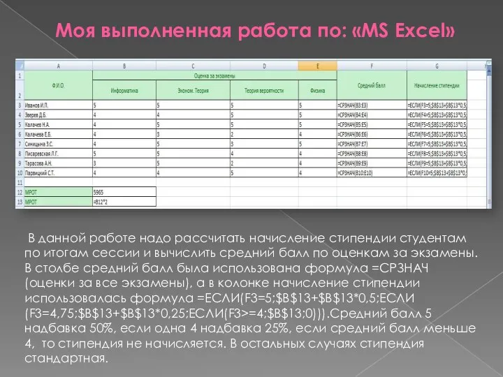 Моя выполненная работа по: «MS Excel» В данной работе надо рассчитать начисление