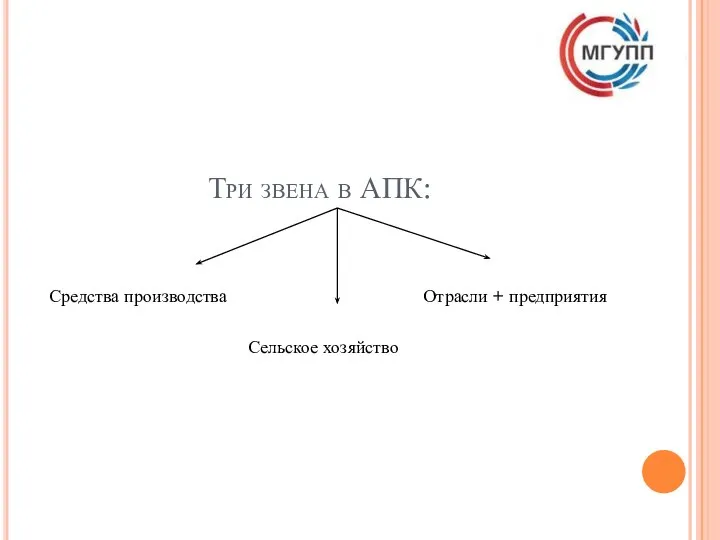 Три звена в АПК: Средства производства Сельское хозяйство Отрасли + предприятия