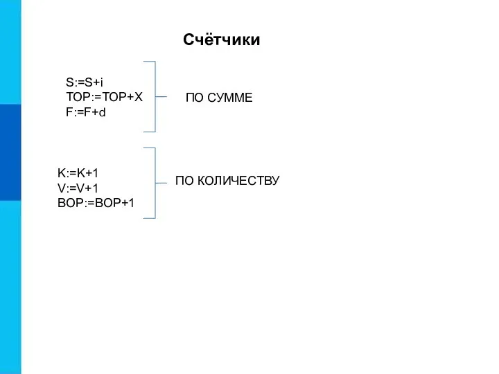 S:=S+i TOP:=TOP+X F:=F+d ПО СУММЕ K:=K+1 V:=V+1 BOP:=BOP+1 ПО КОЛИЧЕСТВУ Счётчики