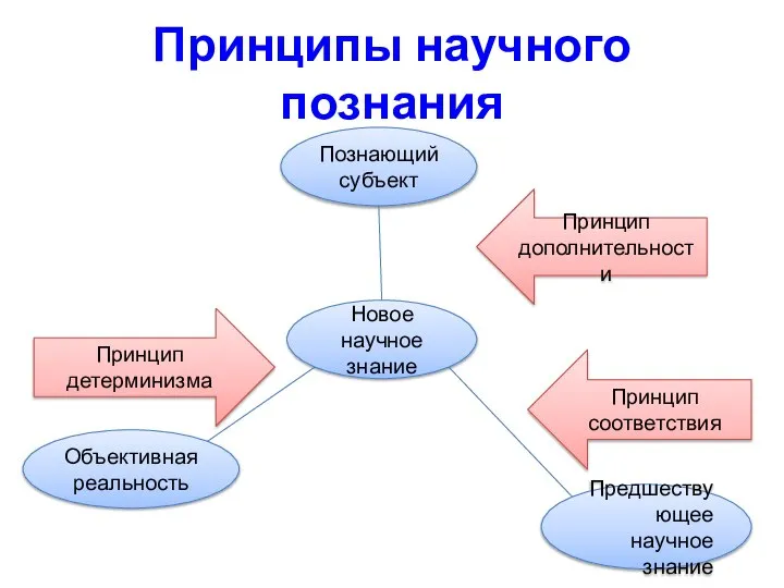 Принципы научного познания Новое научное знание Познающий субъект Объективная реальность Предшествующее научное