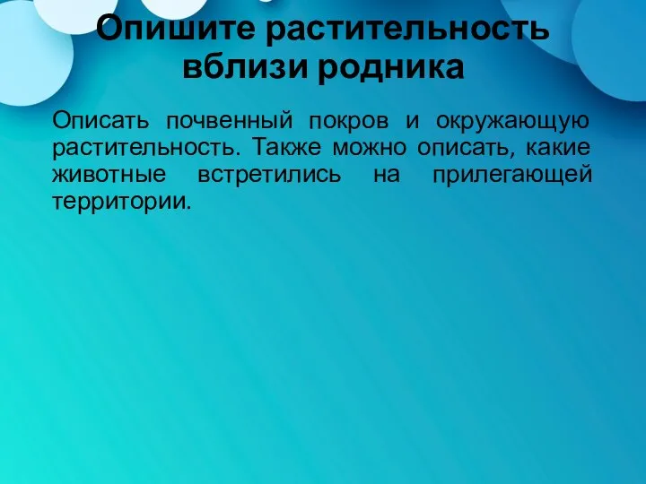 Опишите растительность вблизи родника Описать почвенный покров и окружающую растительность. Также можно