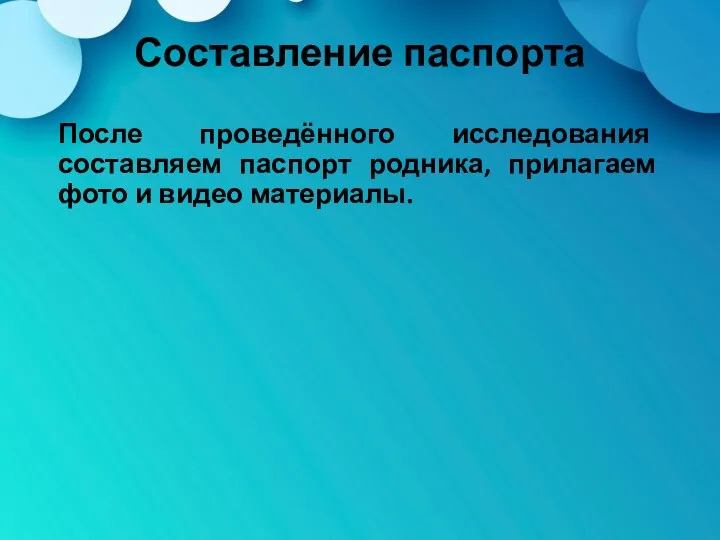 Составление паспорта После проведённого исследования составляем паспорт родника, прилагаем фото и видео материалы.